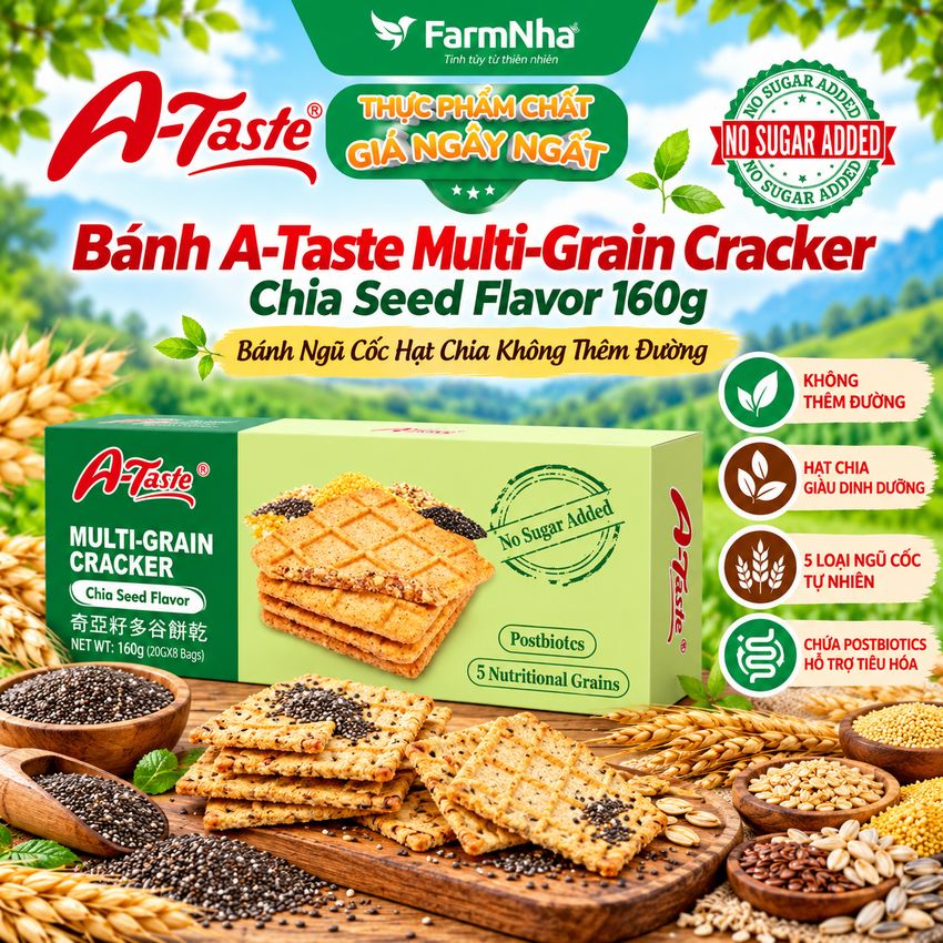 Bánh A-Taste Multi-Grain Cracker Chia Seed Flavor 160g - Ngũ Cốc Hạt Chia Không Thêm Đường