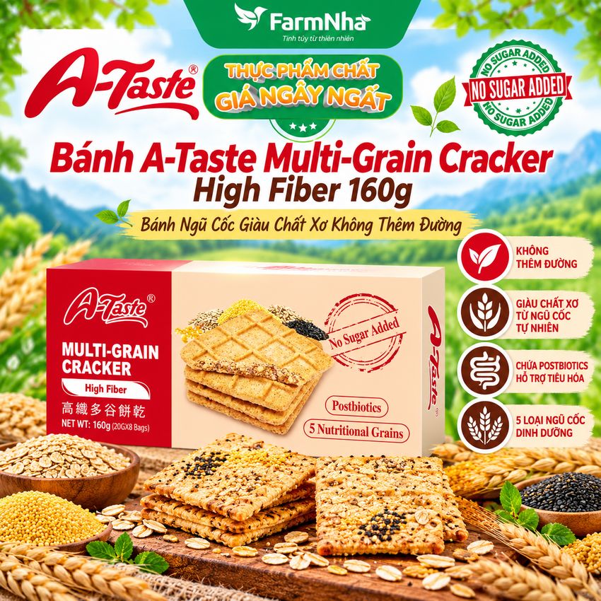 Bánh A-Taste Multi-Grain Cracker High Fiber 160g - Ngũ Cốc Giàu Chất Xơ Không Thêm Đường