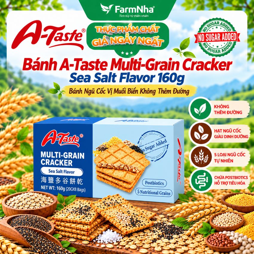 Bánh A-Taste Multi-Grain Cracker Sea Salt Flavor 160g - Ngũ Cốc Vị Muối Biển Không Thêm Đường