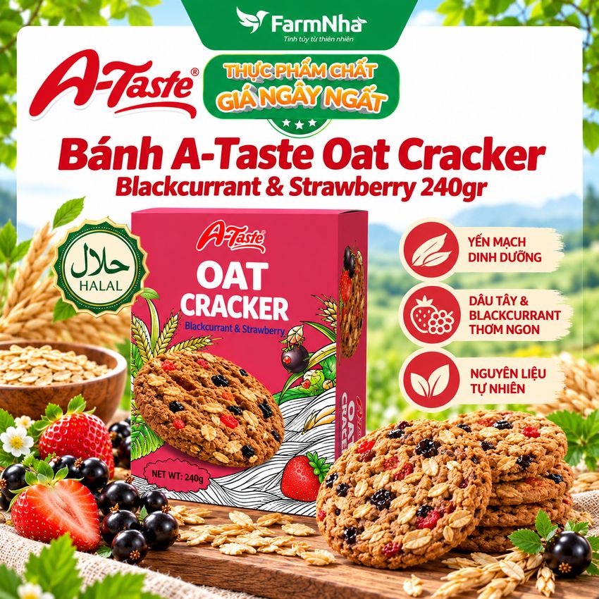 Bánh A-Taste Oat Cracker Blackcurrant & Strawberry 240g – Yến Mạch Thơm, Đậm Vị Trái Cây