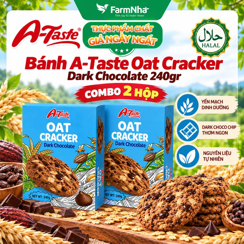Bánh A-Taste Oat Cracker Dark Chocolate 240g – Bánh Yến Mạch Giòn Thơm, Socola Đen Đậm Vị