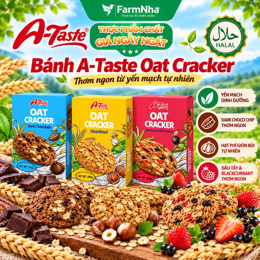Bánh A-Taste Oat Cracker Hazelnut 240g – Bánh Yến Mạch Hạt Phỉ Giòn Thơm, Bùi Béo
