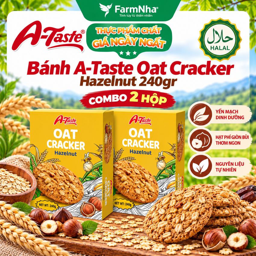 Bánh A-Taste Oat Cracker Hazelnut 240g – Bánh Yến Mạch Hạt Phỉ Giòn Thơm, Bùi Béo