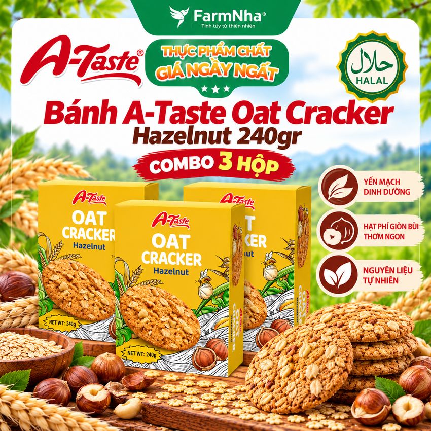 Bánh A-Taste Oat Cracker Hazelnut 240g – Bánh Yến Mạch Hạt Phỉ Giòn Thơm, Bùi Béo