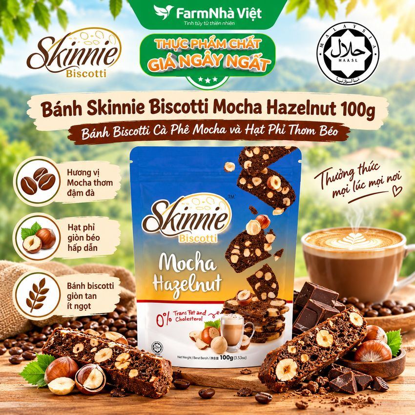 Bánh Skinnie Biscotti Mocha Hazelnut 100g - Mocha Cà Phê Đậm Đà & Hạt Phỉ Béo Nhẹ