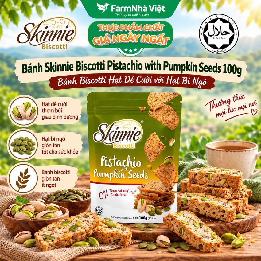 Bánh Skinnie Biscotti Pistachio Pumpkin Seeds 100g - Hạt Dẻ Cười với Hạt Bí Ngô