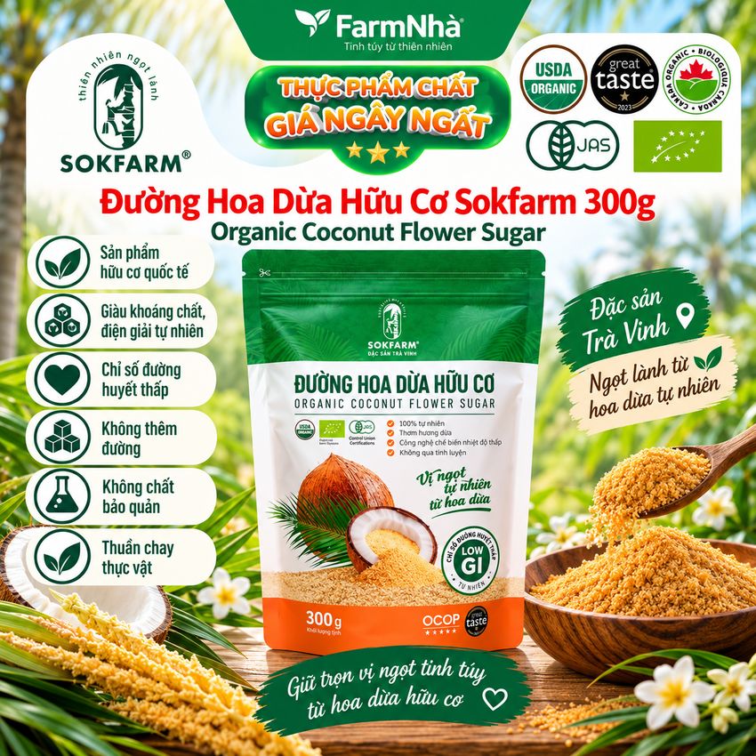 Đường hoa dừa Hữu Cơ Sokfarm Túi 300gr - Chỉ số đường huyết thấp, tăng cường sức khỏe