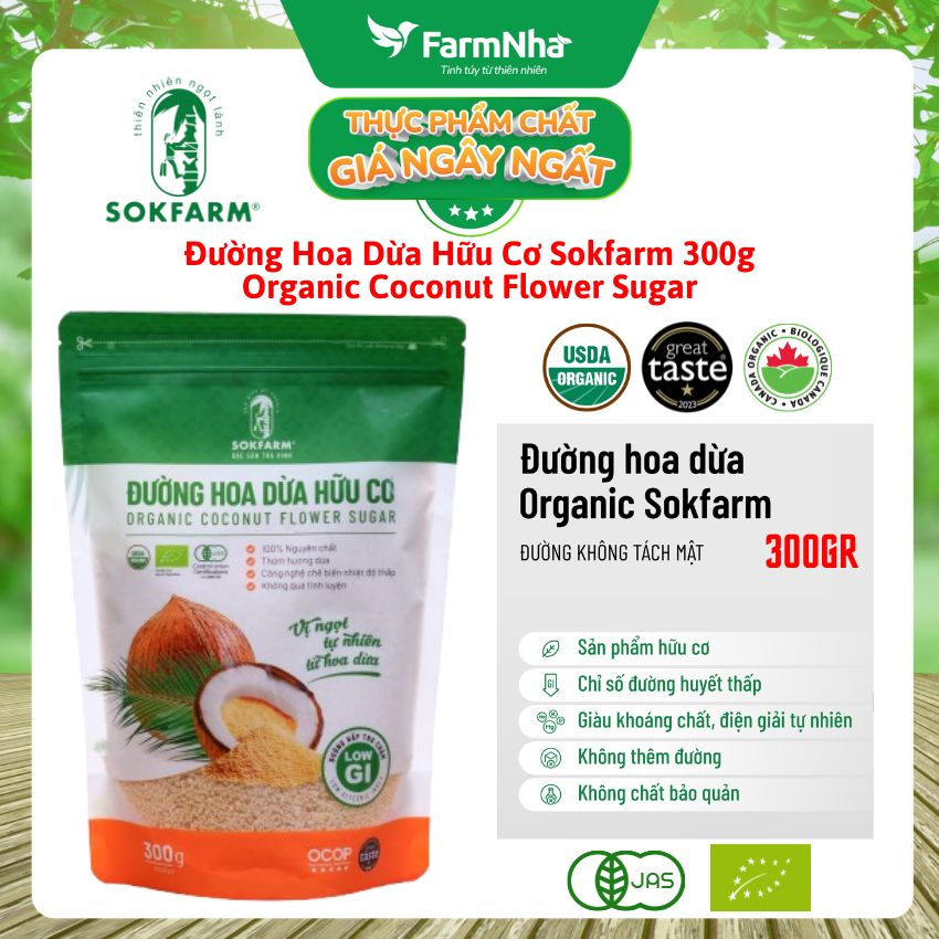 Đường hoa dừa Hữu Cơ Sokfarm Túi 300gr - Chỉ số đường huyết thấp, tăng cường sức khỏe