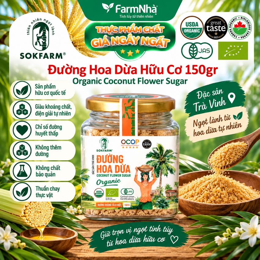 Đường hoa dừa Hữu Cơ Sokfarm Hủ 150gr - Chỉ số đường huyết thấp, tăng cường sức khỏe
