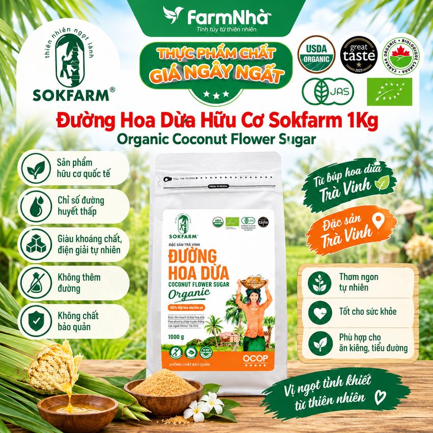 Đường hoa dừa Hữu Cơ Sokfarm túi 1kg - Chỉ số đường huyết thấp, tăng cường sức khỏe