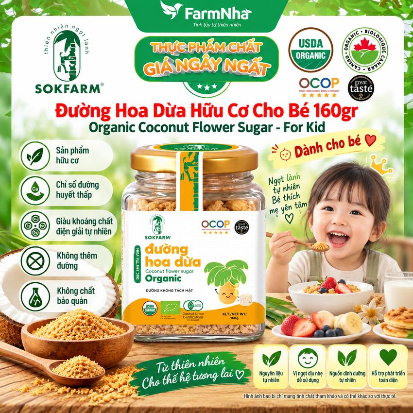 Đường Hoa Dừa Hữu Cơ Sokfarm 160g Cho Bé | Đường Tự Nhiên Chỉ Số GI Thấp An Toàn Cho Bé