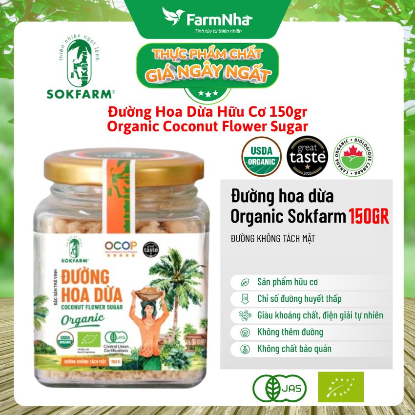 Đường hoa dừa Hữu Cơ Sokfarm Hủ 150gr - Chỉ số đường huyết thấp, tăng cường sức khỏe