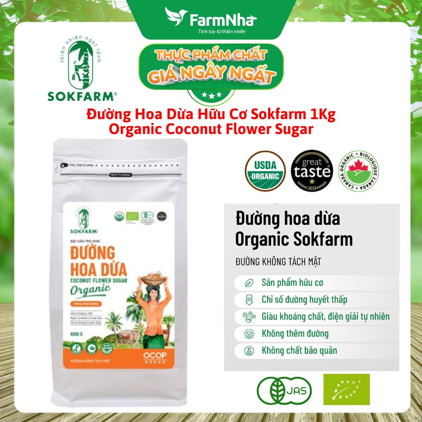 Đường hoa dừa Hữu Cơ Sokfarm túi 1kg - Chỉ số đường huyết thấp, tăng cường sức khỏe
