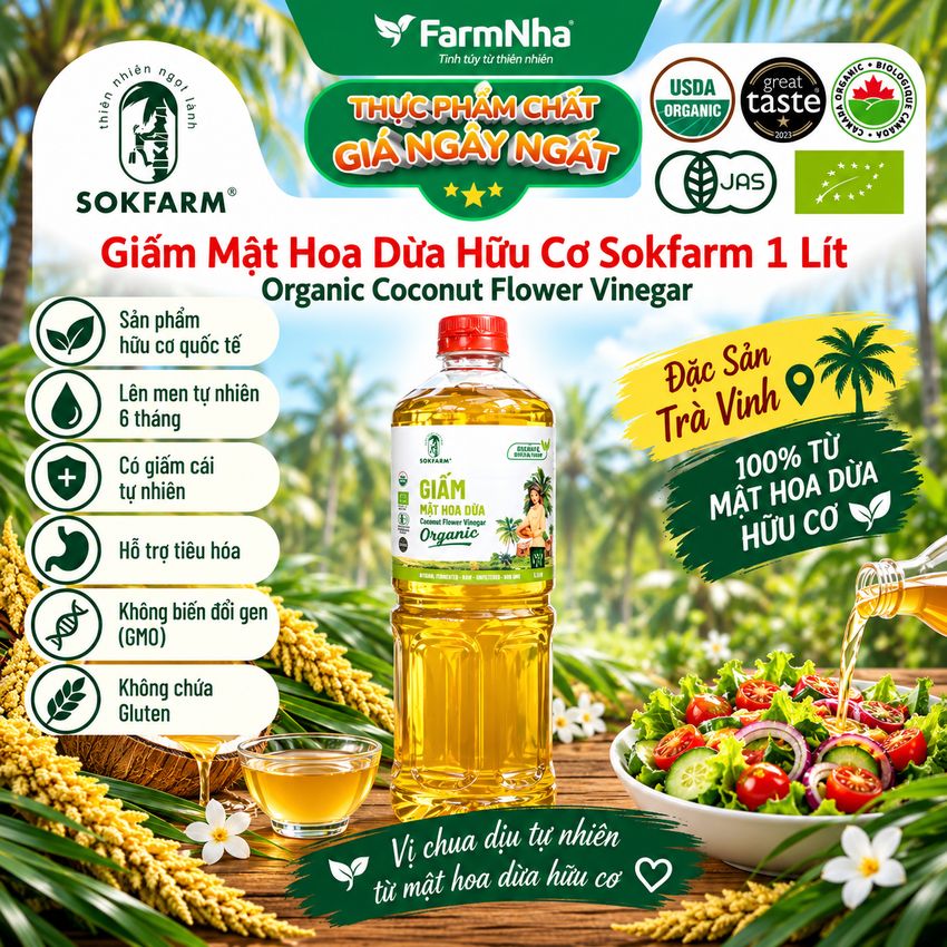 Giấm Mật Hoa Dừa Sokfarm Hữu Cơ 1 lít – Giấm Mẹ Vị Chua Tự Nhiên Tốt Cho Sức Khỏe