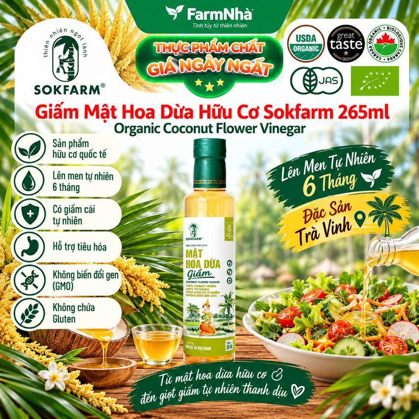 Giấm Mật Hoa Dừa Sokfarm Hữu Cơ 265ml – Giấm Mẹ Vị Chua Tự Nhiên Tốt Cho Sức Khỏe