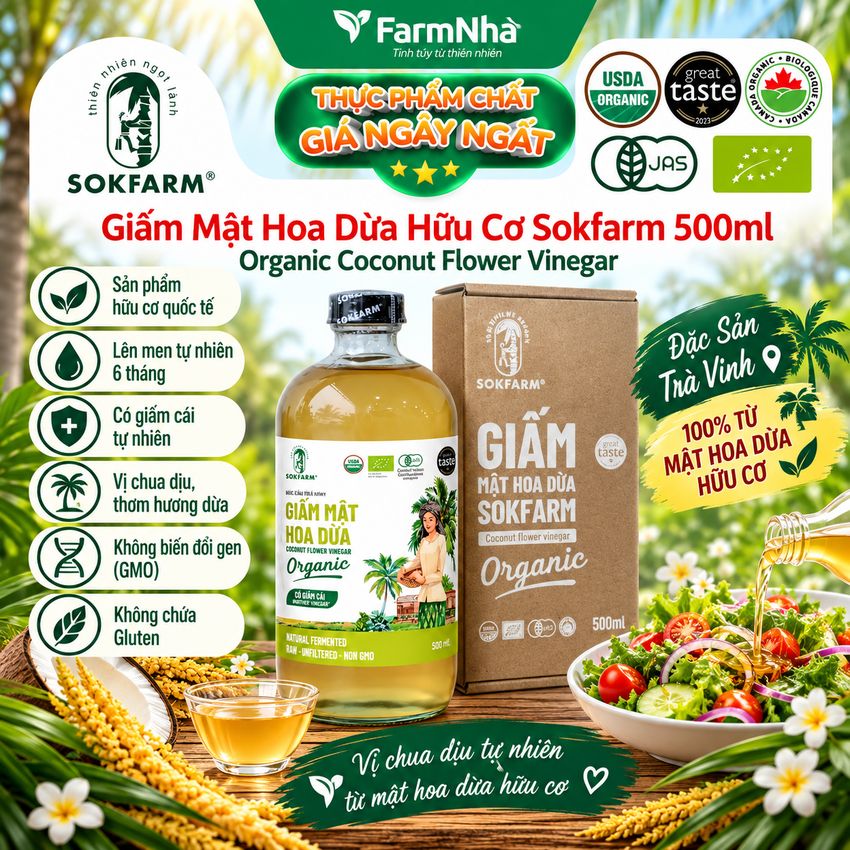 Giấm Mật Hoa Dừa Hữu Cơ Sokfarm 500ml
