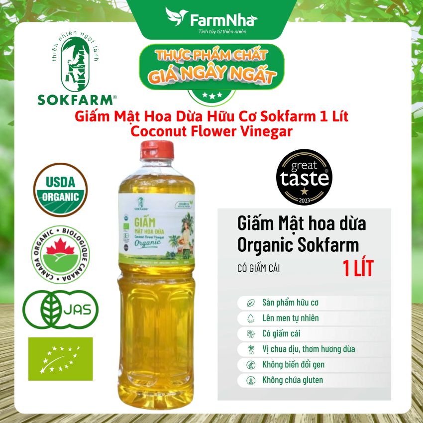 Giấm Mật Hoa Dừa Sokfarm Hữu Cơ 1 lít – Giấm Mẹ Vị Chua Tự Nhiên Tốt Cho Sức Khỏe