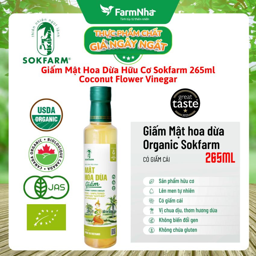Giấm Mật Hoa Dừa Sokfarm Hữu Cơ 265ml – Giấm Mẹ Vị Chua Tự Nhiên Tốt Cho Sức Khỏe