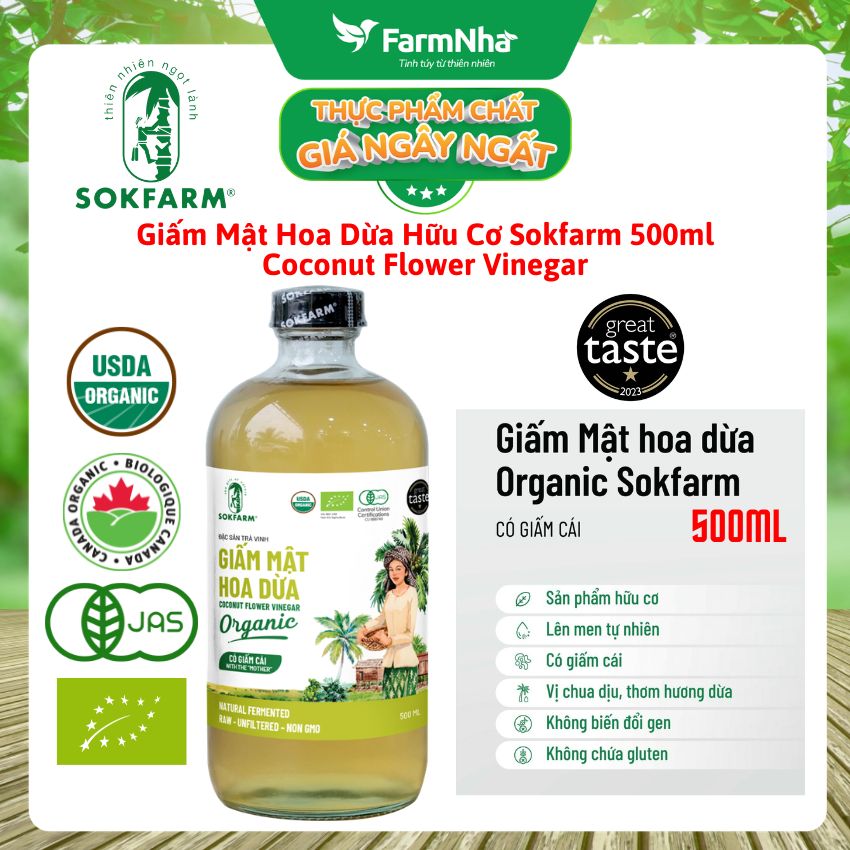 Giấm Mật Hoa Dừa Hữu Cơ Sokfarm 500ml