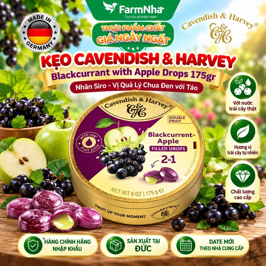 Kẹo Cavendish & Harvey BLACKCURRANT WITH APPLE FILLING 175g Nhân Siro Hộp Thiếc - Kẹo Đức Trái Cây