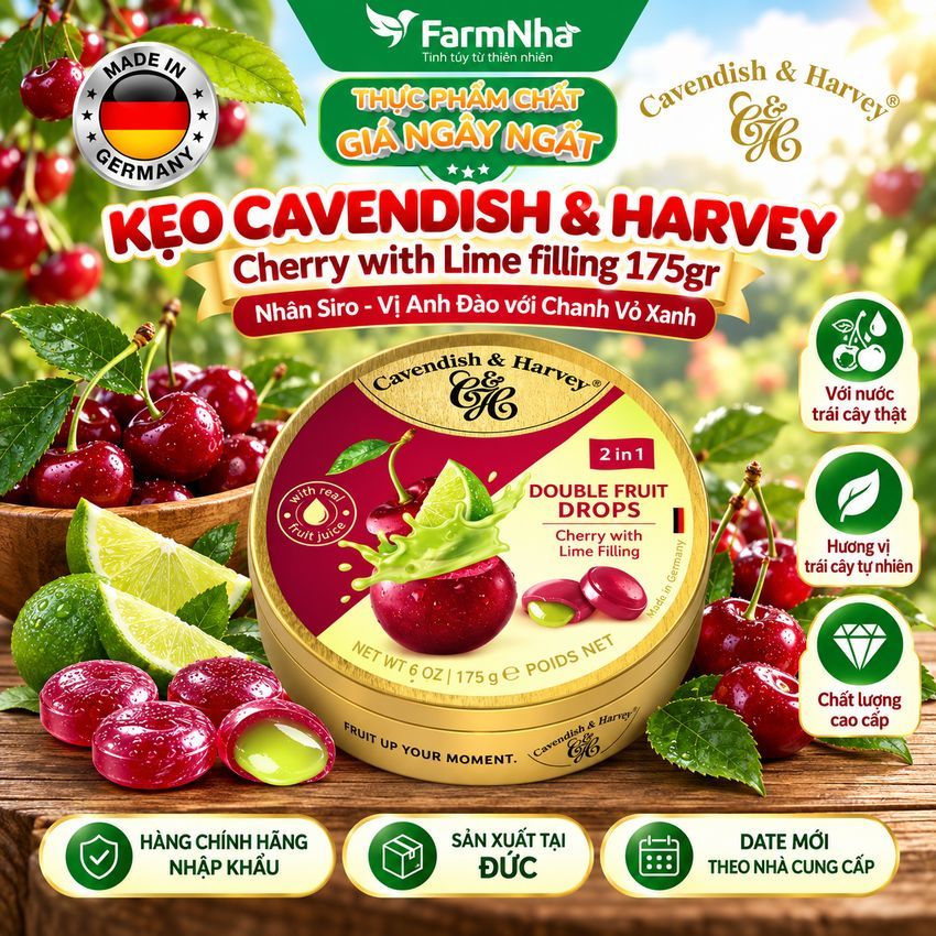 Kẹo Cavendish & Harvey CHERRY WITH LIME FILLING 175g Nhân Siro Hộp Thiếc - Kẹo Trái Cây Đức