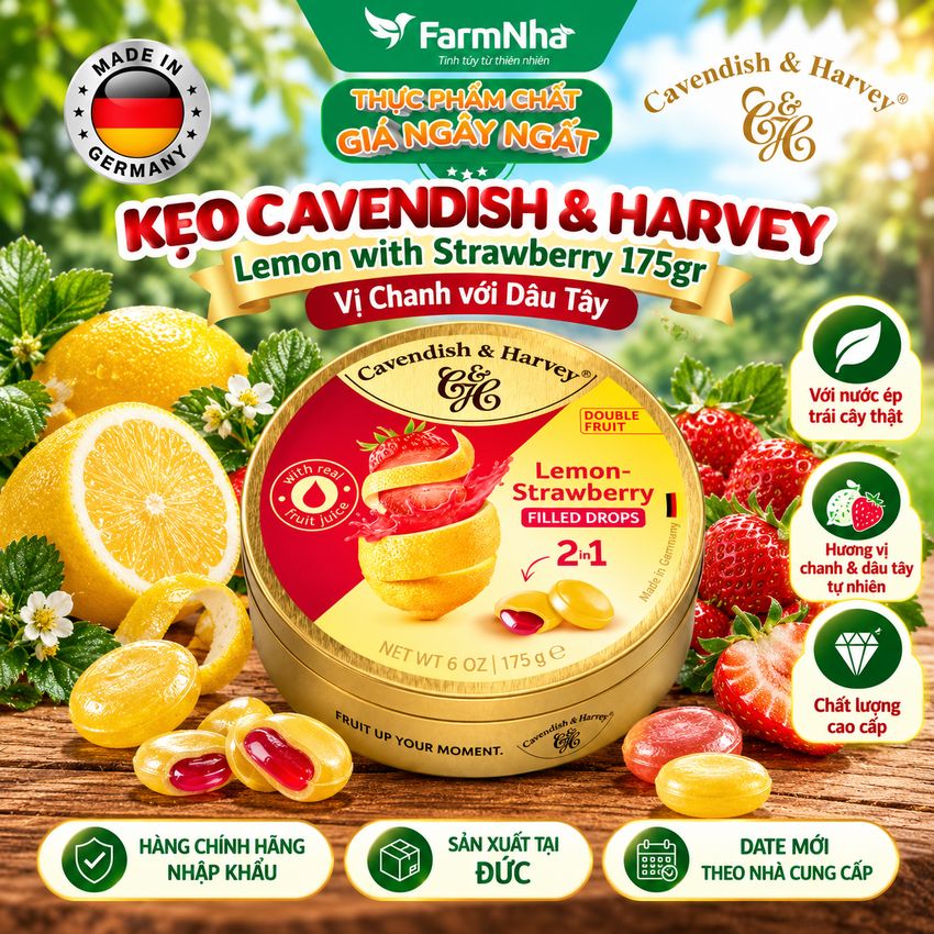 Kẹo Cavendish & Harvey LEMON WITH STRAWBERRY FILLING 175gr Nhân Siro Hộp Thiếc - Kẹo Đức Trái Cây
