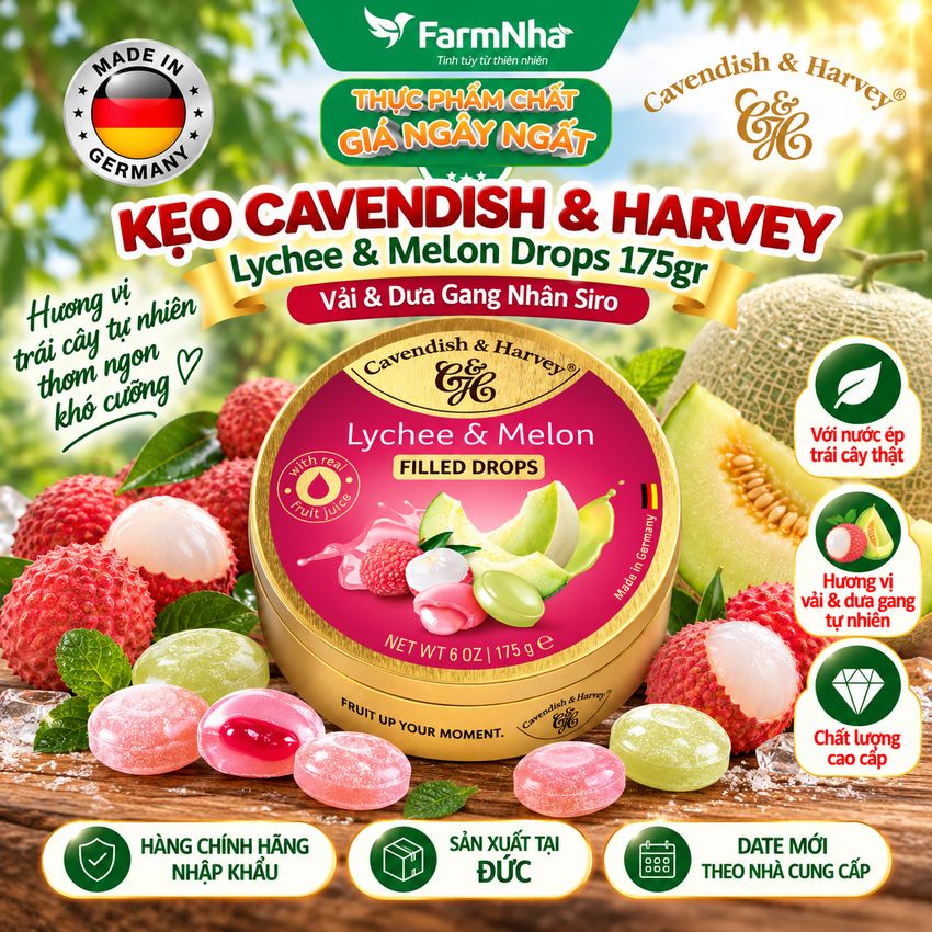 Kẹo Cavendish & Harvey Lychee & Melon 175g Nhân Siro Hộp Thiếc - Kẹo Đức Vị Trái Cây Tự Nhiên