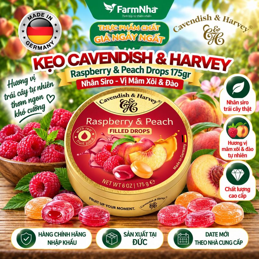 Kẹo Cavendish & Harvey Raspberry & Peach 175g Nhân Siro Hộp Thiếc - Kẹo Đức vị Trái Cây Tự Nhiên