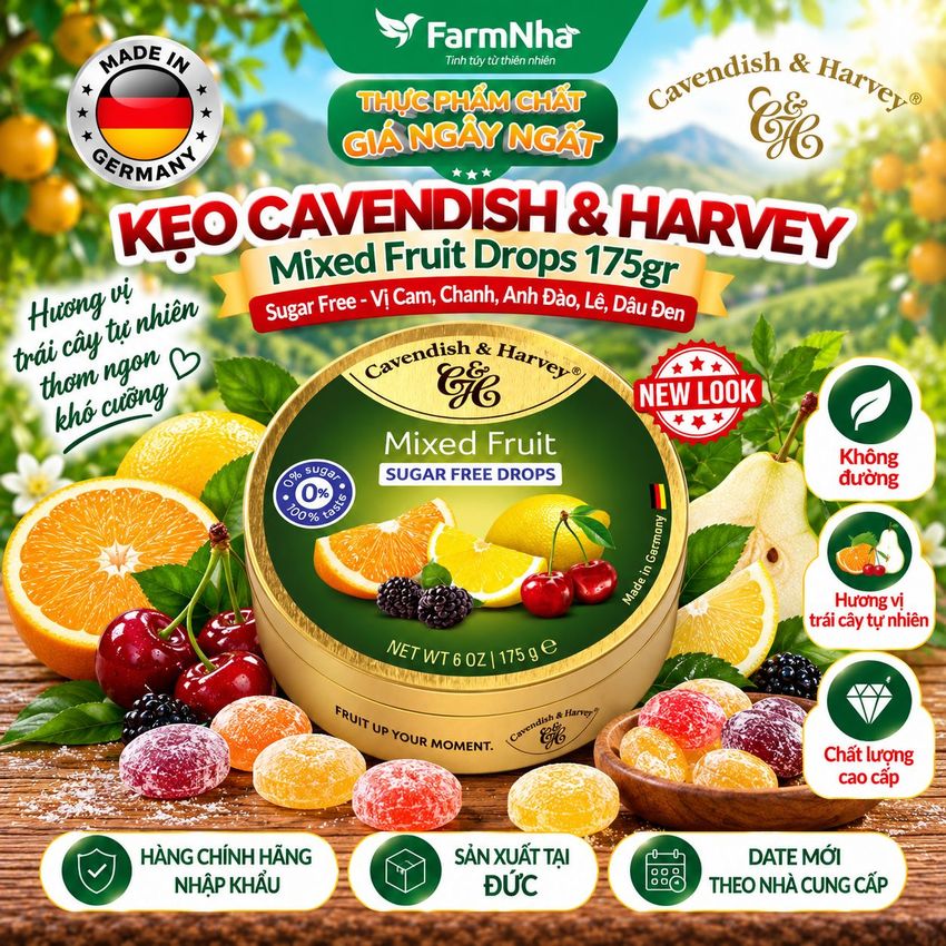 Kẹo Cavendish & Harvey MIXED FRUIT Sugar Free 175gr Hộp Thiếc - Kẹo Đức vị Trái Cây Không Đường