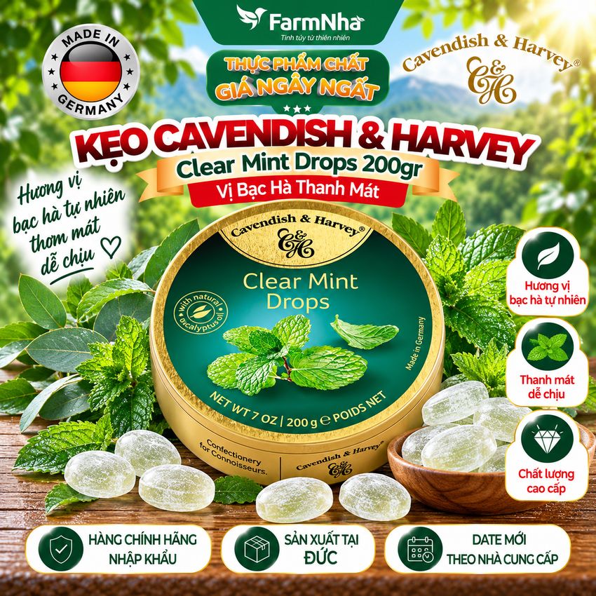 Kẹo Cavendish & Harvey vị CLEAR MINT 200gr - Hương vị Bạc Hà thanh mát tuyệt vời từ Đức