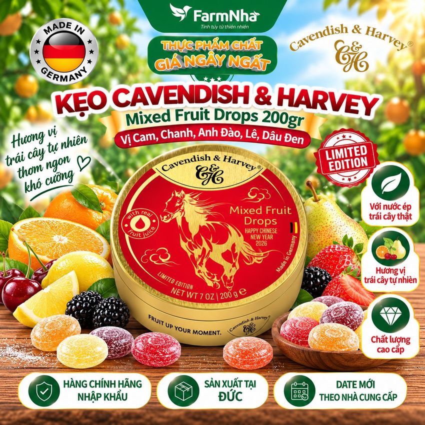 Kẹo Cavendish & Harvey Mixed Fruit 200g Con Ngựa Hộp Thiếc - Kẹo Đức Phiên Bản Đặc Biệt