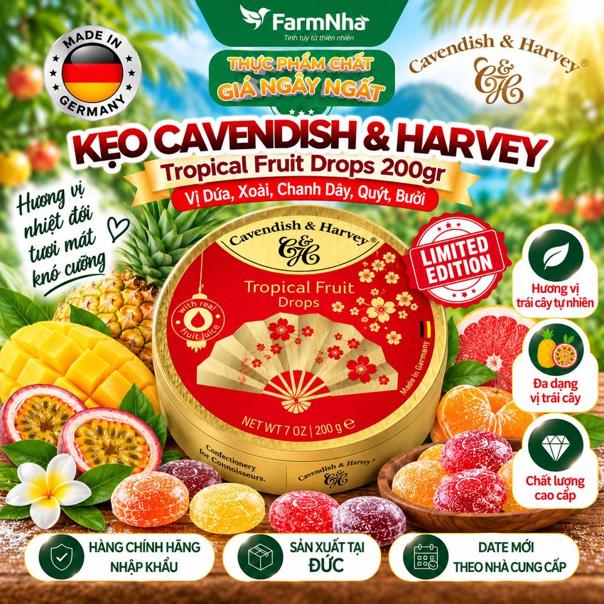 Kẹo Cavendish & Harvey Tropical Fruit 200g Quạt Hộp Thiếc - Kẹo Đức Phiên Bản Đặc Biệt