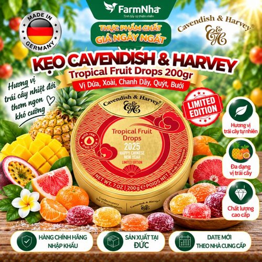 Kẹo Cavendish & Harvey Tropical Fruit 200g Mây Hộp Thiếc - Kẹo Đức với Phiên Bản Đặc Biệt