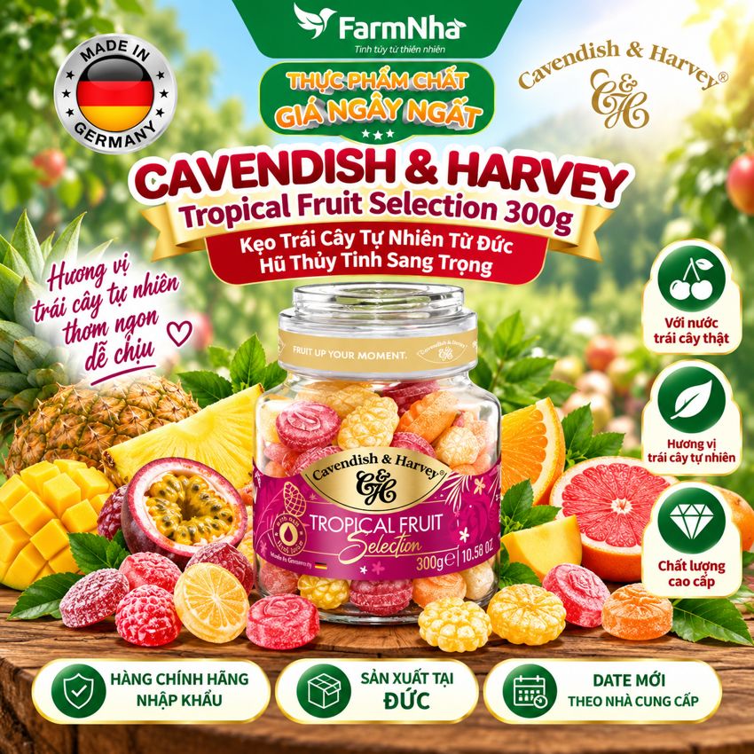 Kẹo Cavendish & Harvey Tropical Fruit 300g | Kẹo Trái Cây Đức Hũ Thủy Tinh Cao Cấp