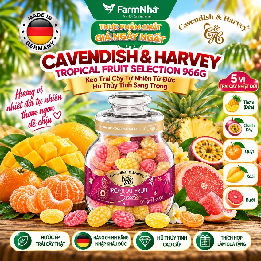Kẹo Cavendish & Harvey Tropical Fruit 966g | Kẹo Trái Cây Đức Hũ Thủy Tinh Cao Cấp