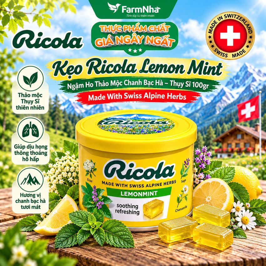 Kẹo Ricola Lemon Mint Herb 100gr Hộp Thiếc - Ngậm ho vị Chanh Bạc Hà Thảo Mộc từ Thụy Sĩ
