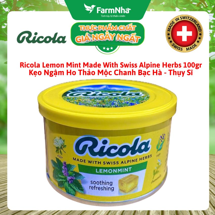 Kẹo Ricola Lemon Mint Herb 100gr Hộp Thiếc - Ngậm ho vị Chanh Bạc Hà Thảo Mộc từ Thụy Sĩ