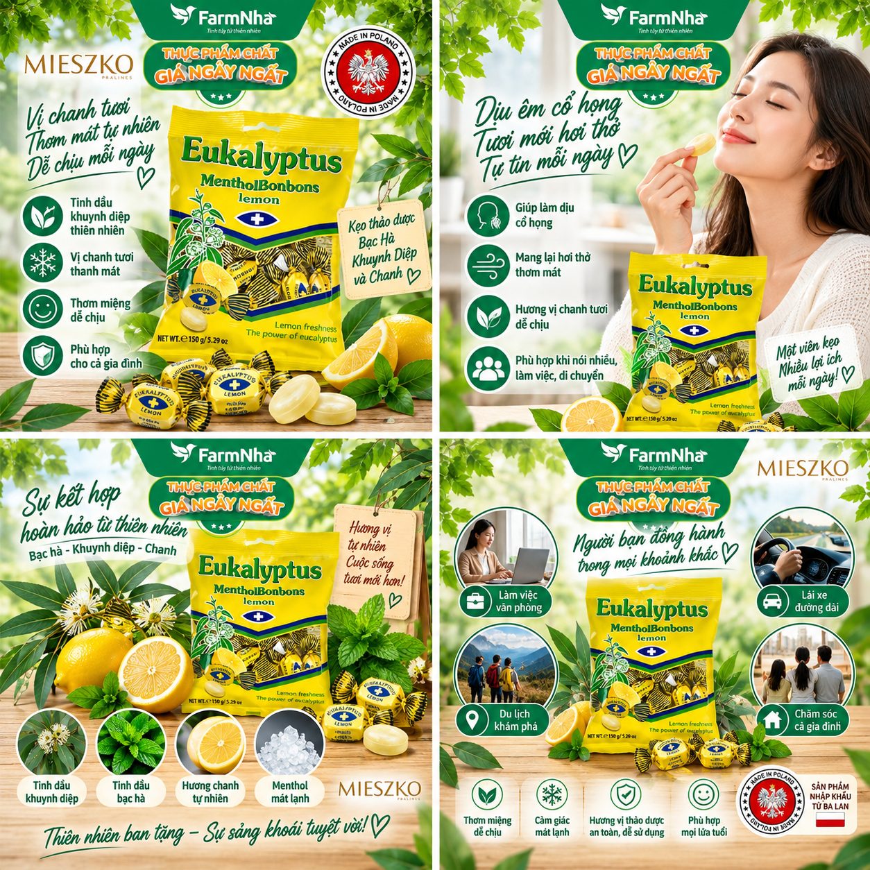 Kẹo Eukalyptus Menthol Bonbons Lemon 150g Ba Lan – Kẹo Bạc Hà Khuynh Diệp Chanh