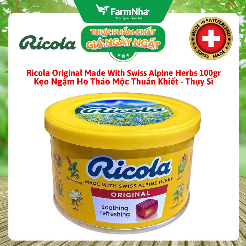 Kẹo Ricola Original Herbs Hộp Thiếc 100g Thảo Mộc – Mát Họng, Giảm Ho, Thơm Miệng | Chính Hãng Thụy Sĩ