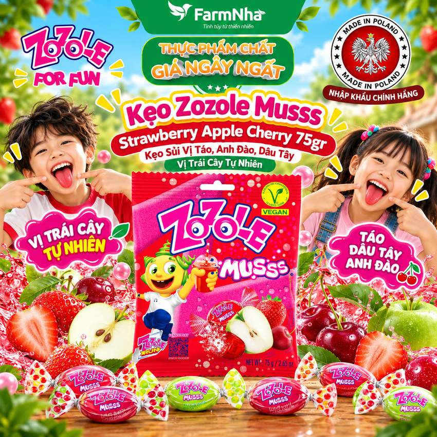 Kẹo Zozole Musss Strawberry Apple Cherry 75gr – Vị Trái Cây Chua Ngọt Siêu Vui Nhộn