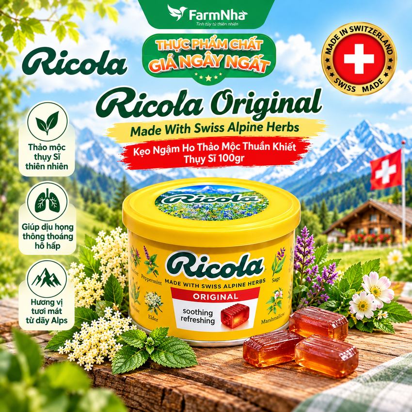 Kẹo Ricola Original Herbs Hộp Thiếc 100g Thảo Mộc – Mát Họng, Giảm Ho, Thơm Miệng | Chính Hãng Thụy Sĩ