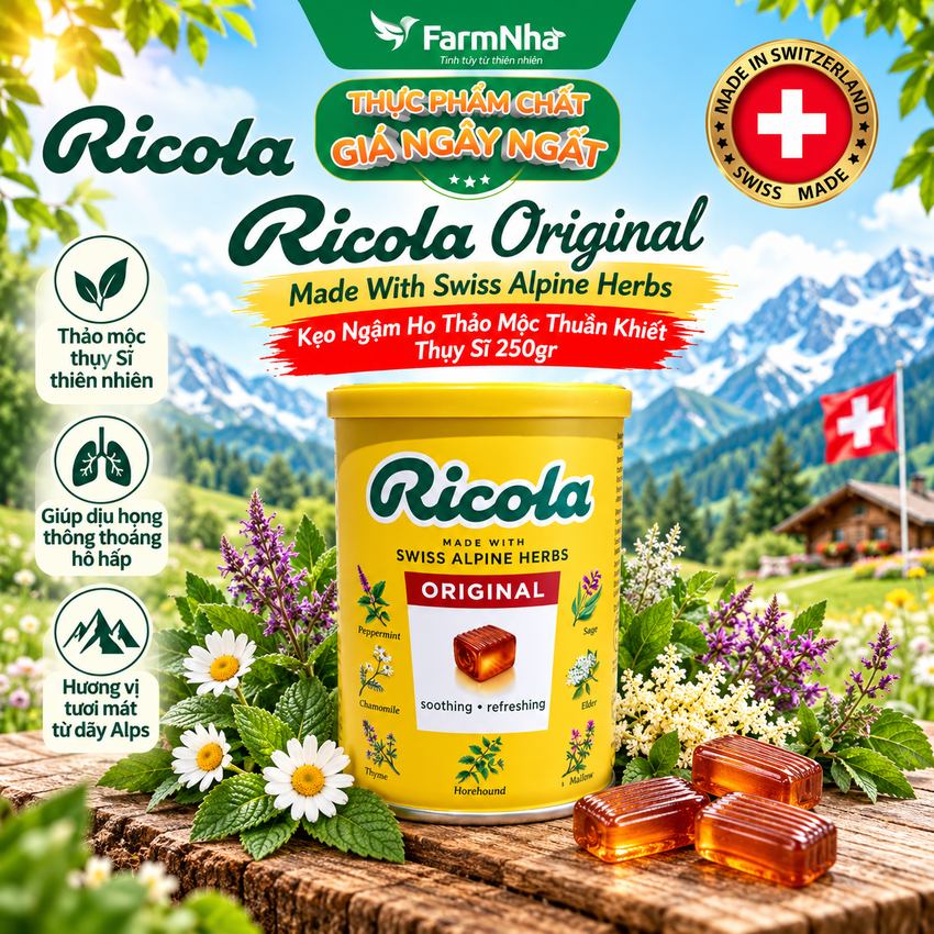 Kẹo Ngậm Ho Ricola Orignal 250g Hộp Thiếc - Thảo Mộc Thuần Khiết Từ Thụy Sĩ