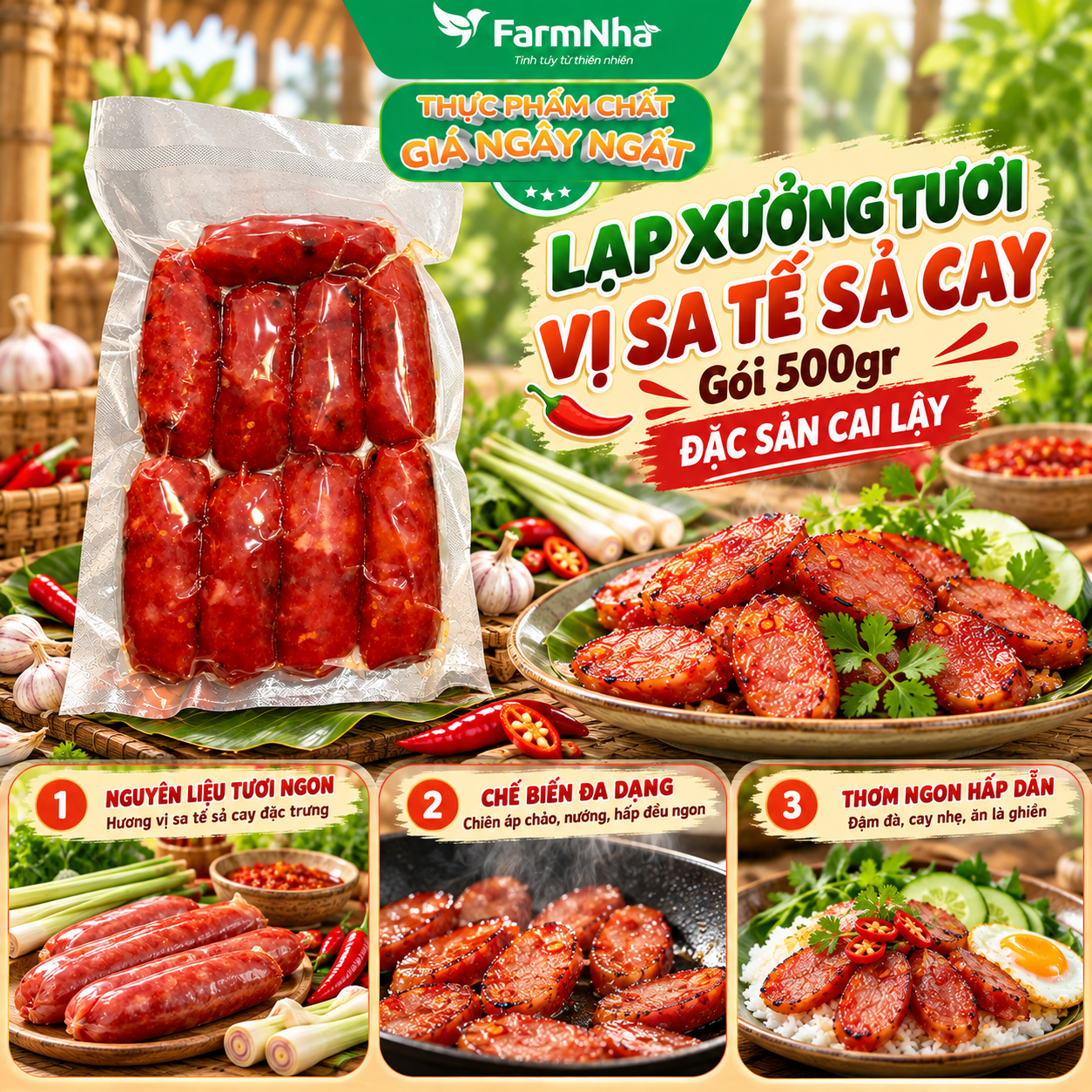 Lạp Xưởng Tươi Vị Sa Tế Sả Cay Gói 500g - Đặc sản Cai Lậy, Món ngon nhâm nhi dịp Tiệc Tùng, Lễ Tết