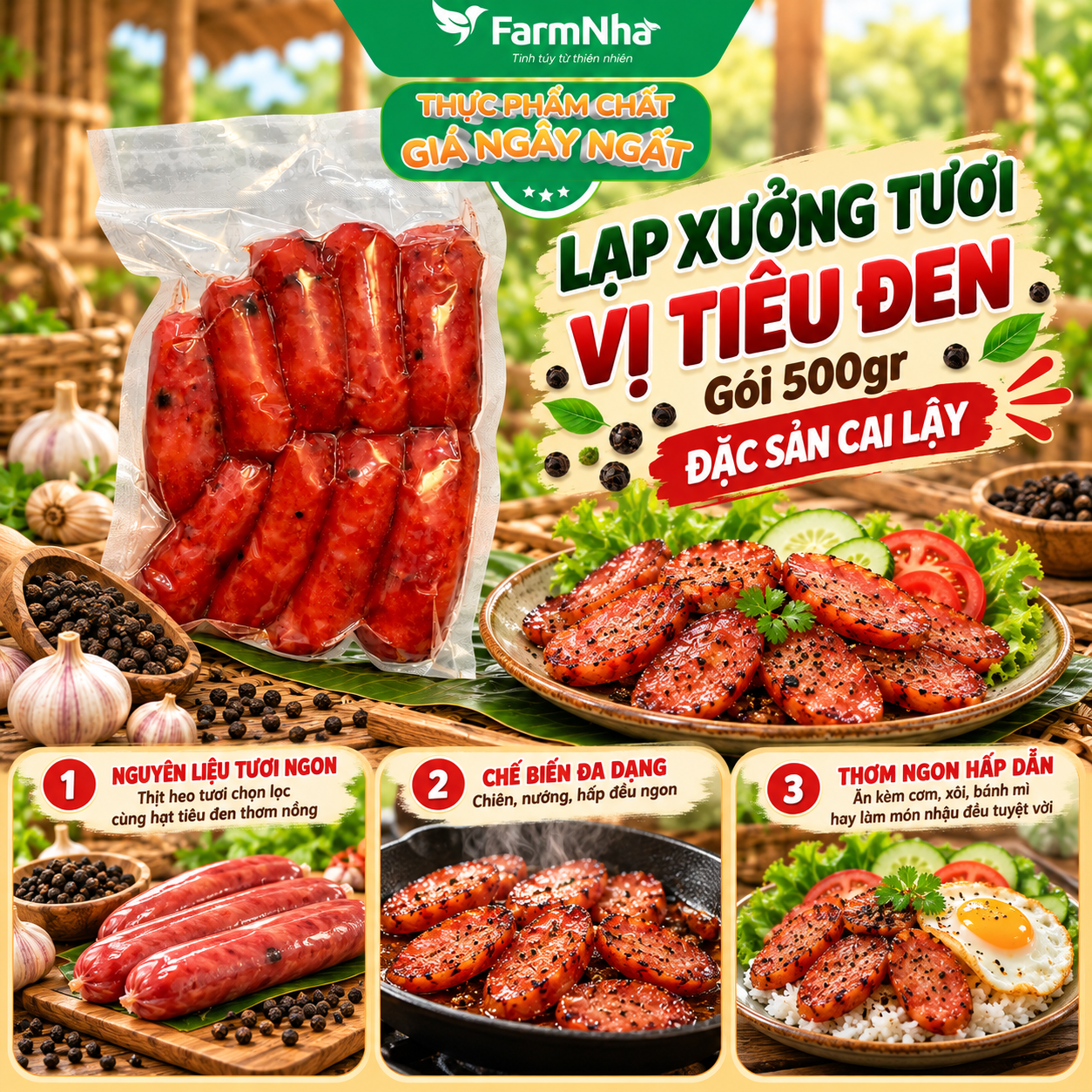 Lạp Xưởng Tươi Vị Tiêu Đen Gói 500gr - Đặc sản Cai Lậy, Món ngon nhâm nhi dịp Tiệc Tùng, Lễ Tết