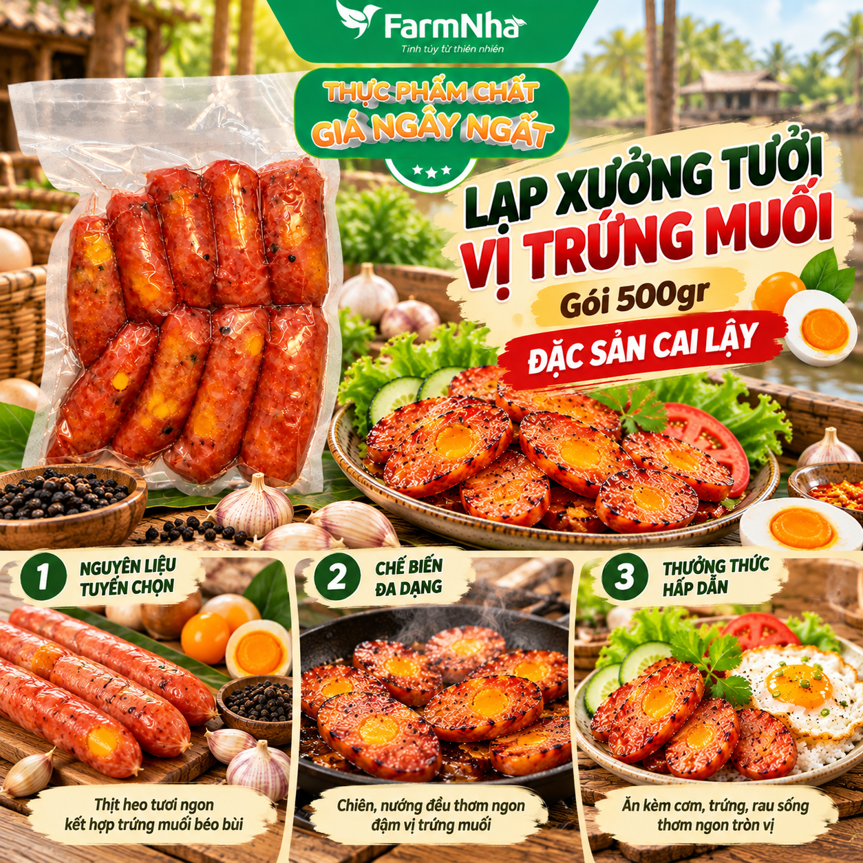 Lạp Xưởng Tươi Vị Trứng Muối Gói 500gr - Đặc sản Cai Lậy, món ngon nhâm nhi dịp Tiệc Tùng, Lễ Tết