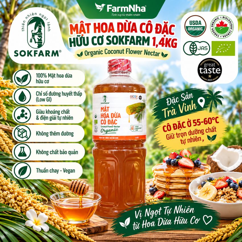 Mật Hoa Dừa Cô Đặc Hữu Cơ Sokfarm 1.4kg | Bổ Sung Khoáng Chất, Kiểm Soát Đường Huyết