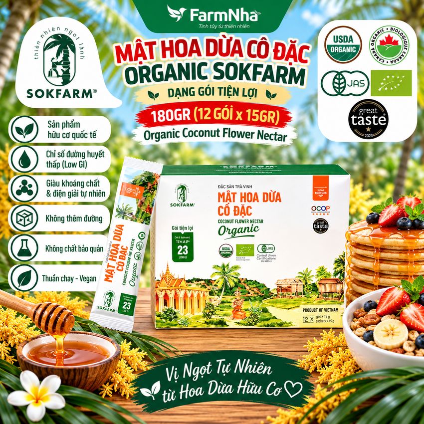 Mật Hoa Dừa Cô Đặc Hữu Cơ Sokfarm Stick 12 x 15g | Mật Ngọt Tự Nhiên, Bổ Sung Khoáng Chất