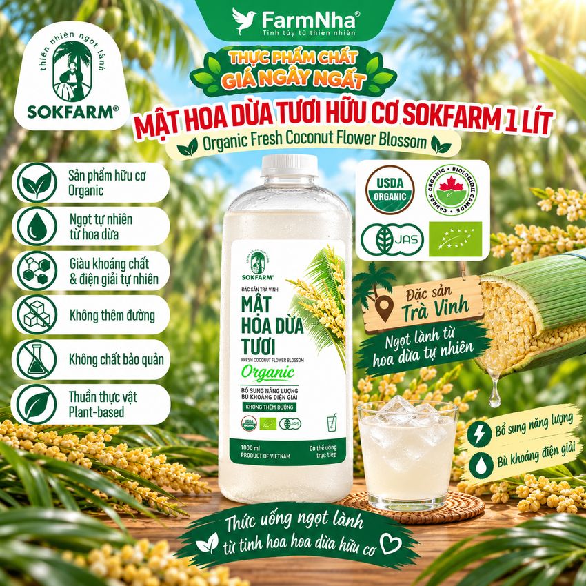 Nước Uống Mật Hoa Dừa Tươi Sokfarm 1 lít Plastic – Hữu Cơ Giàu Khoáng Chất Khỏe Mạnh