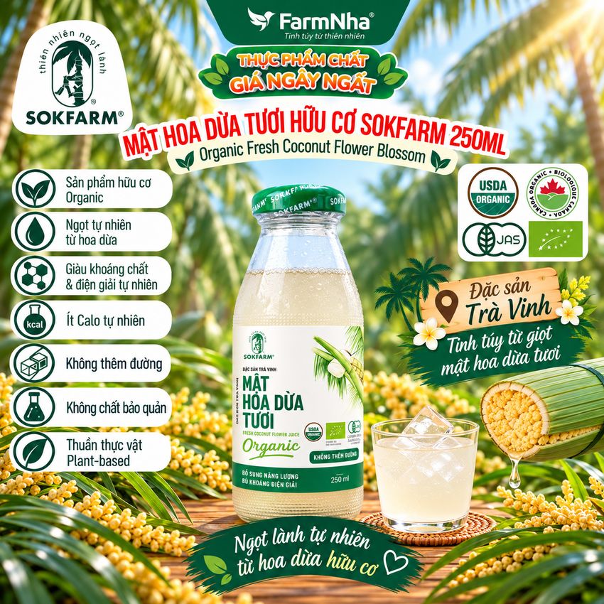 Nước Uống Mật Hoa Dừa Tươi Sokfarm 250ml Thủy Tinh – Hữu Cơ Giàu Khoáng Chất Khỏe Mạnh