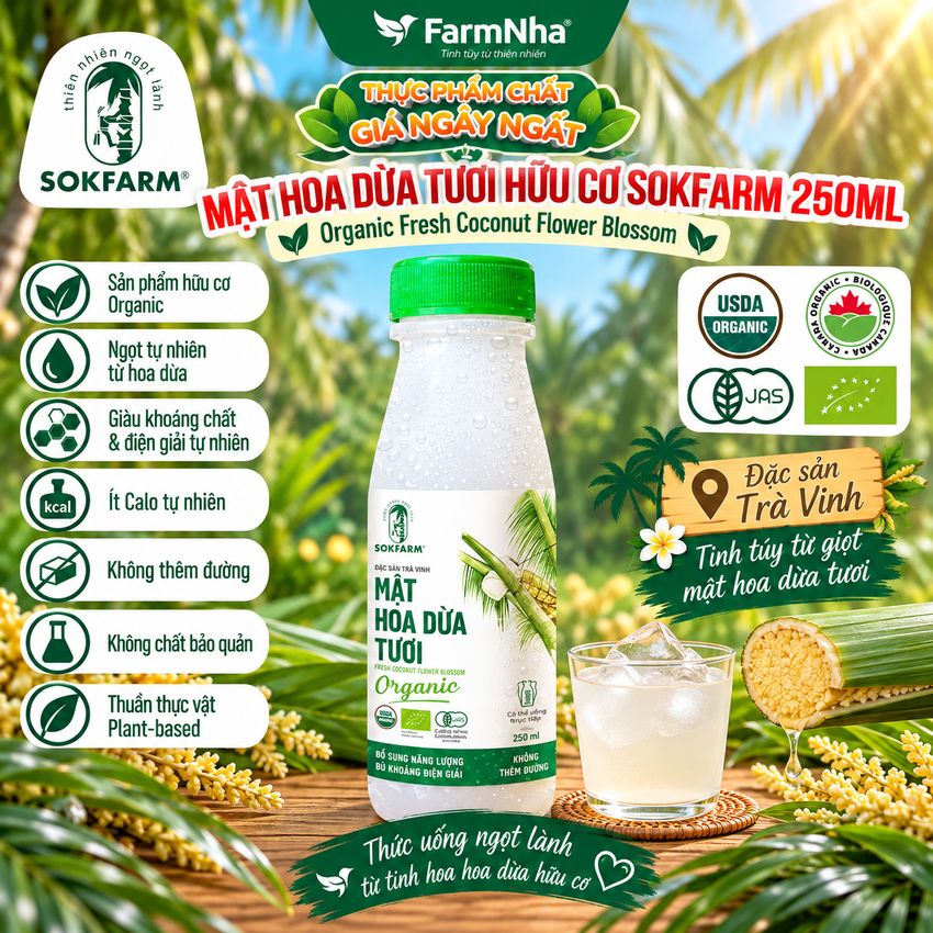 Nước Uống Mật Hoa Dừa Tươi Sokfarm 250ml Plastic – Hữu Cơ Giàu Khoáng Chất Khỏe Mạnh
